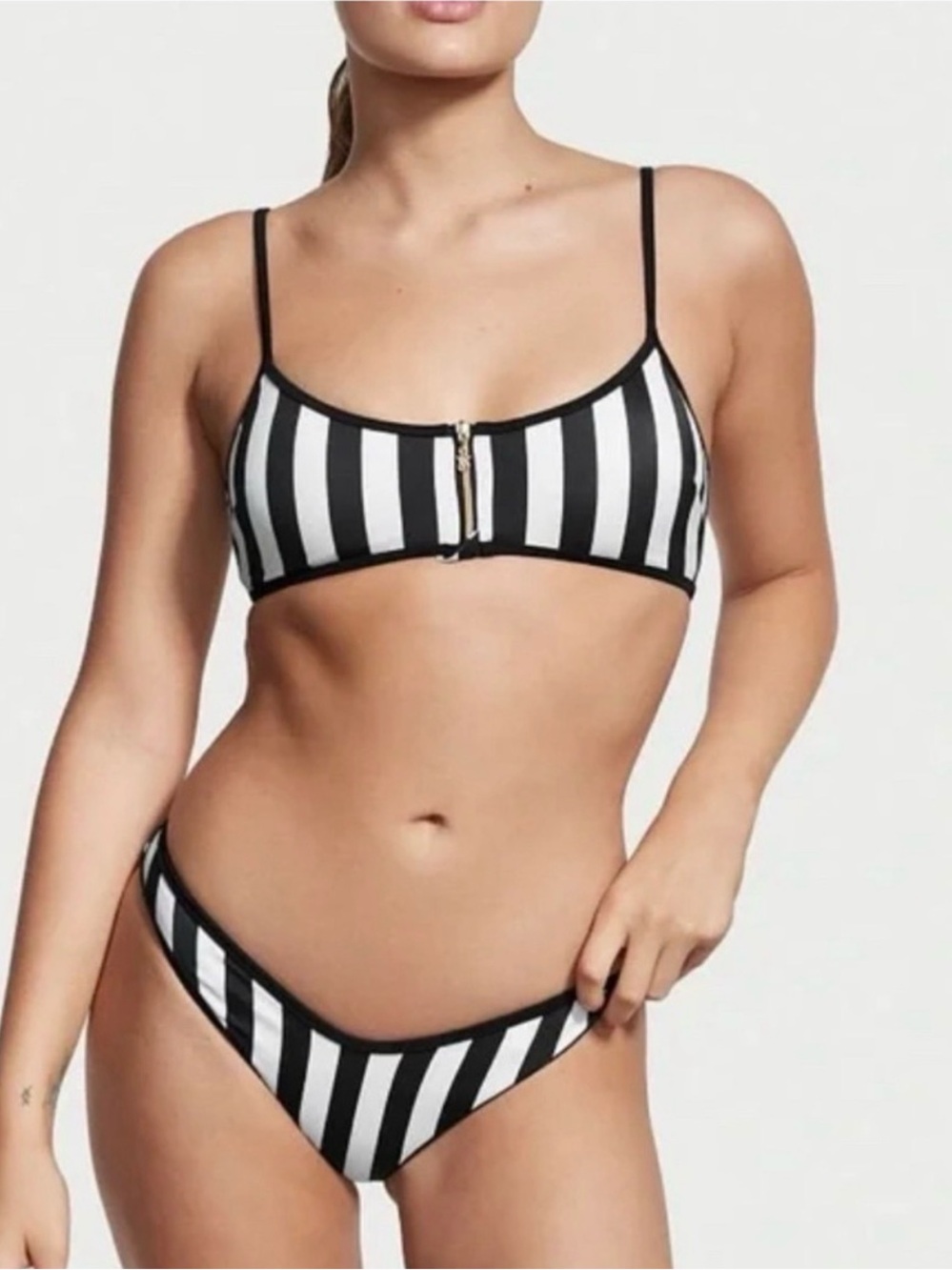 Victoria's Secret Black White Striped Zip Front Bikini Set Size Medium